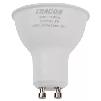   TRACON SMDSGU108CW - Műanyag házas SMD LED spot fényforrás SAMSUNG chippel 230V,50Hz,GU10,8W,740lm,6500K,120°,SAMSUNG chip, EEI=F