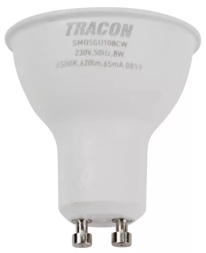 TRACON SMDSGU108CW - Műanyag házas SMD LED spot fényforrás SAMSUNG chippel 230V,50Hz,GU10,8W,740lm,6500K,120°,SAMSUNG chip, EEI=F