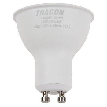   TRACON SMDSGU108NW - Műanyag házas SMD LED spot fényforrás SAMSUNG chippel 230V,50Hz,GU10,8W,720lm,4000K,120°,SAMSUNG chip, EEI=F