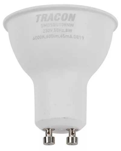 TRACON SMDSGU108NW - Műanyag házas SMD LED spot fényforrás SAMSUNG chippel 230V,50Hz,GU10,8W,720lm,4000K,120°,SAMSUNG chip, EEI=F