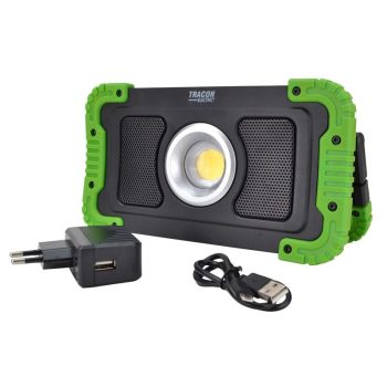   TRACON STLFLBT15W - Bluetooth hangszórós akkumulátoros LED szerelő fényvető 15W, 6000K, 3,7V, 8000mAh, Li-Ion, 1500lm, 4-10 h, IP40