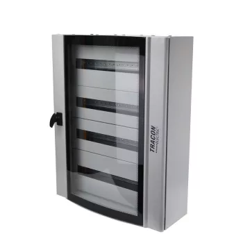   TRACON TGE607520 - Ívelt biztonsági üvegajtós fémelosztószekrény 600×750×200mm / 96M (4×24 mod)