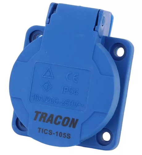 TRACON TICS-105S - Beépíthető csatlakozóaljzat, oldalsó védőérintkezővel, kerek 16A, 250V, 2P+E, IP54 (SCHUKO)