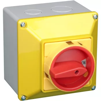   TRACON TKFL-25T65S - Tokozott főkapcsoló, lakatolható, sárga fedéllel, BE-KI 400V, 50Hz, 25A, 4P, 7,5kW, 48×48mm, IP65