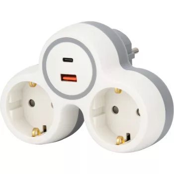   TRACON TND2-USBAC - Többférőhelyes átalakító csatlakozó, USBC+USBA, szürke+fehér 2×SCHUKO, max.16A, 230VAC, 3680W, PP, USB-A+C:5V, 3,4A 17.0W