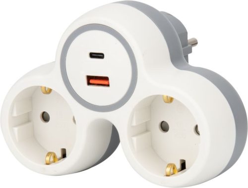 TRACON TND2-USBAC - Többférőhelyes átalakító csatlakozó, USBC+USBA, szürke+fehér 2×SCHUKO, max.16A, 230VAC, 3680W, PP, USB-A+C:5V, 3,4A 17.0W