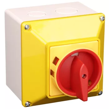   TRACON TSS-20/3T65S - Tokozott biztonsági lakatolható szakaszoló kapcsoló, sárga 400V, 50Hz, 20A, 3P, 5,5kW, 48×48mm, IP65
