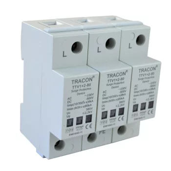   TRACON TTV1+2-80-3P - AC/DC túlfeszültség levezető, 1+2-es típus, egybeépített 230/400 V, 50 Hz, 8 kA (10/350 us) 40/80 kA (8/20 us), 3P