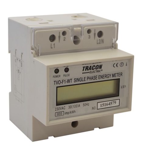 TRACON TVO-F1-WT - LCD kijelzésű 1 fázisú átfűzős fogyasztásmérő, közvetlen 230V / 30 (100)A Pd=1W