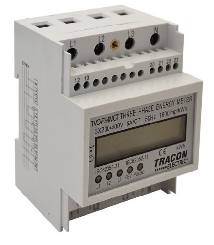 TRACON TVO-F3-4MCT - LCD kijelzésű háromfázisú áramváltós fogyasztásmérő, 4 modul 400V / 5 A CT Pd=3W