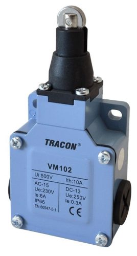 TRACON VM102 - Helyzetkapcsoló, görgős fémházas 1xNO+1xNC, 6A/230V AC-15, 0,3A/250V DC-13, IP66
