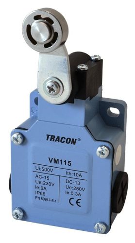 TRACON VM115 - Helyzetkapcsoló, lengőkar-görgő fémházas 1xNO+1xNC, 6A/230V AC-15, 0,3A/250V DC-13, IP66