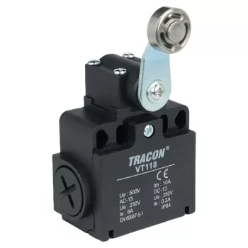   TRACON VT118 - Helyzetkapcsoló, lengőkar-görgö 1xNO+1xNC, 6A/230V AC-15, 0,3A/250V DC-13, 28mm, IP65