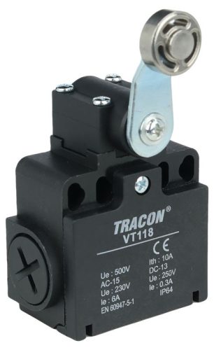 TRACON VT118 - Helyzetkapcsoló, lengőkar-görgö 1xNO+1xNC, 6A/230V AC-15, 0,3A/250V DC-13, 28mm, IP65