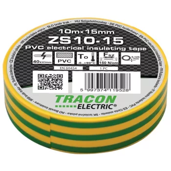   TRACON ZS10-15 - Szigetelőszalag, zöld/sárga 10m×15mm, PVC, 0-90°C, 40kV/mm