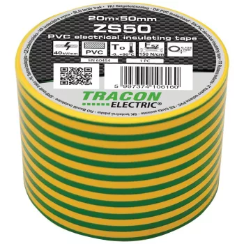   TRACON ZS50 - Szigetelőszalag, zöld-sárga 20m×50mm, PVC, 0-90°C, 40kV/mm