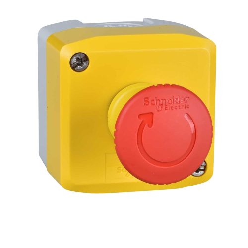 SCHNEIDER XALK178E - Harmony XALK tokozott vészgomb, sárga, 1 piros gombafejű nyomógomb, forgatásra kioldó, 1NC+1NO, felirat nélkül