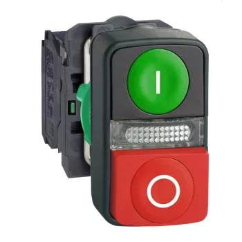   SCHNEIDER XB5AW73731M5 - Harmony komplett műanyag kettősfejű nyomógomb, Ø22, 1NO+1NC, zöld "I" + piros "O" gomb + LED, 230VAC