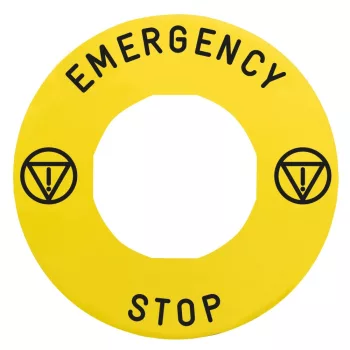   SCHNEIDER ZBY9330T - Harmony sárga köralakú felirati tábla, Ø60, vészleállítóhoz, ZBZ3605 védőgallérhoz, logóval, EMERGENCY STOP